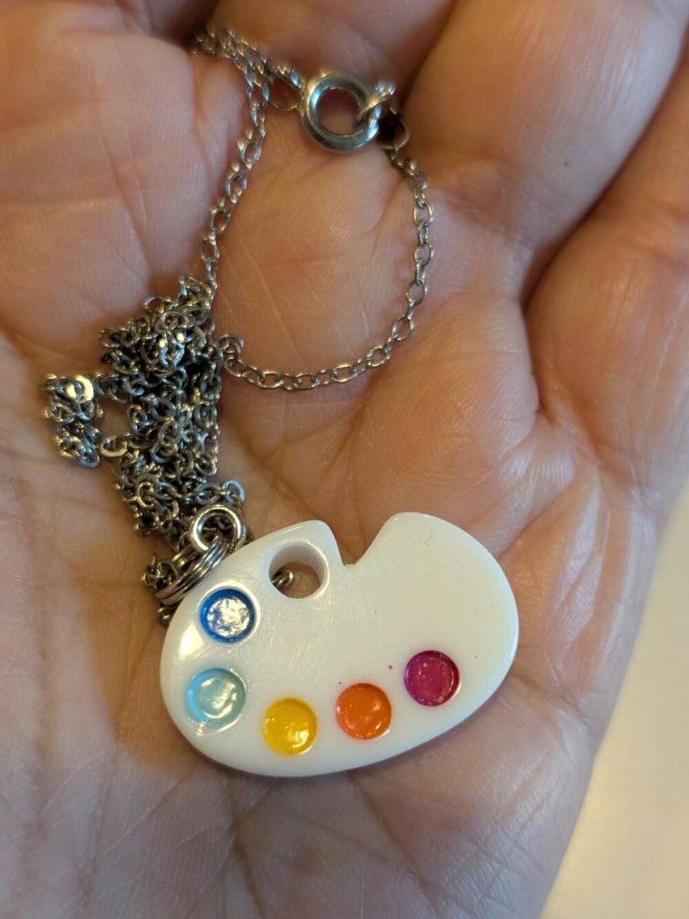 Cute Vintage White Paint Pallet with colored circles Resin Pendant Necklace